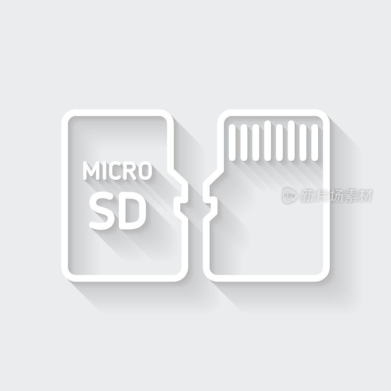 Micro SD卡-前后视图。图标与空白背景上的长阴影-平面设计